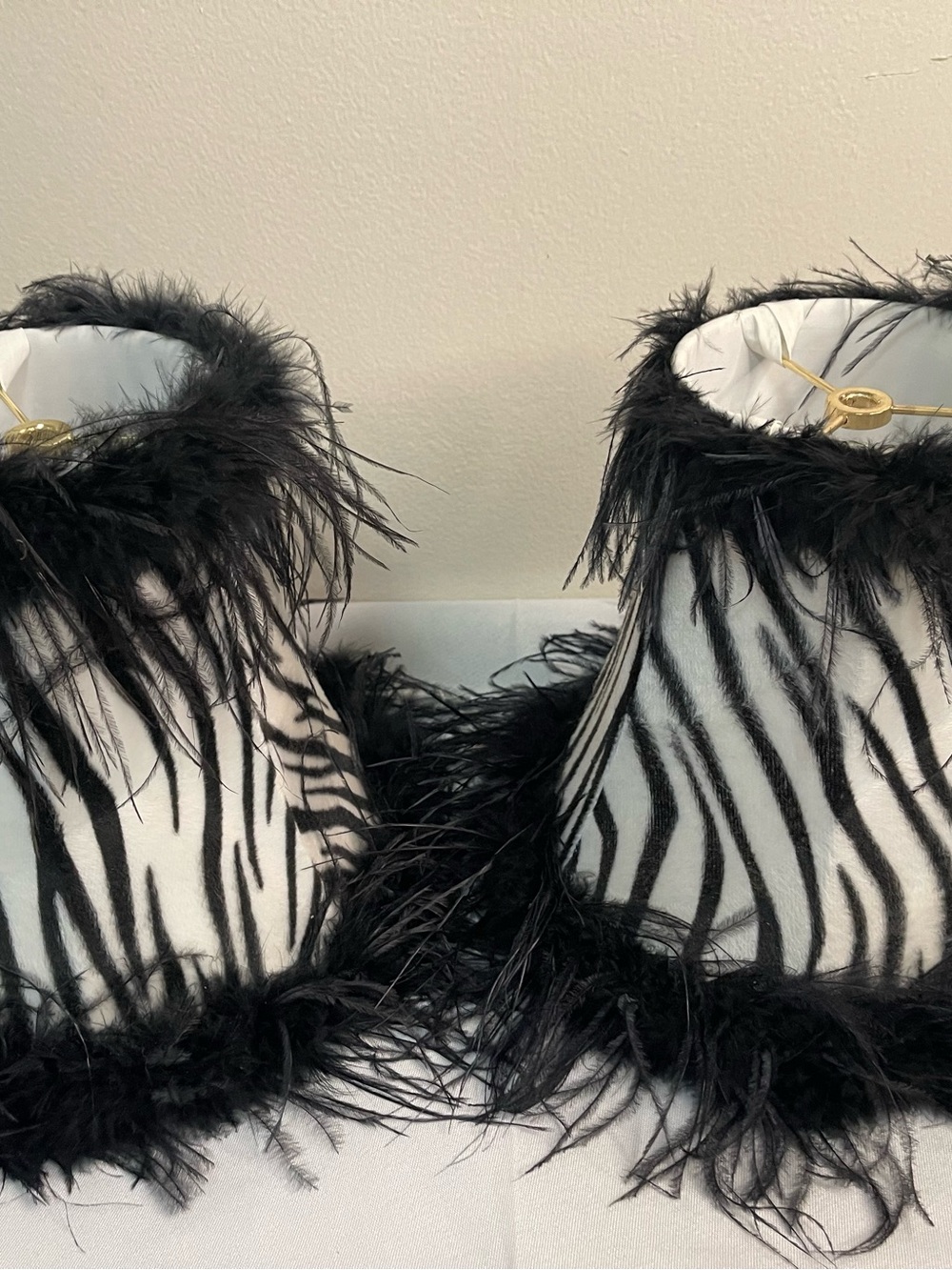 Vintage Black & White zebra print feather lamp shades set of 2